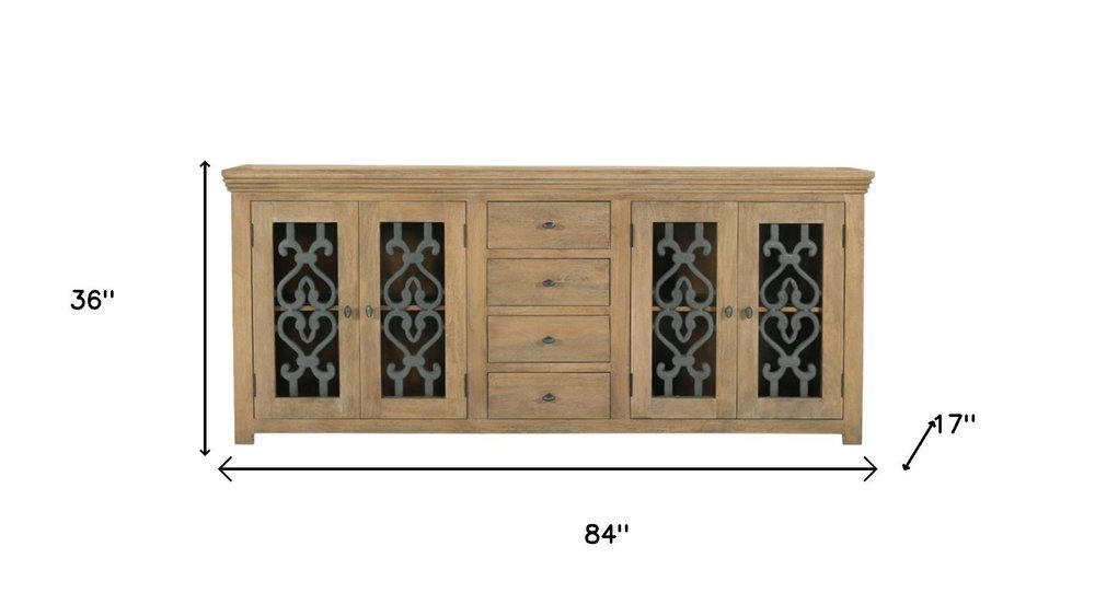84" Natural Distressed Solid Wood Four Drawer Sideboard Soft Close with Four Glass Doors on a white background