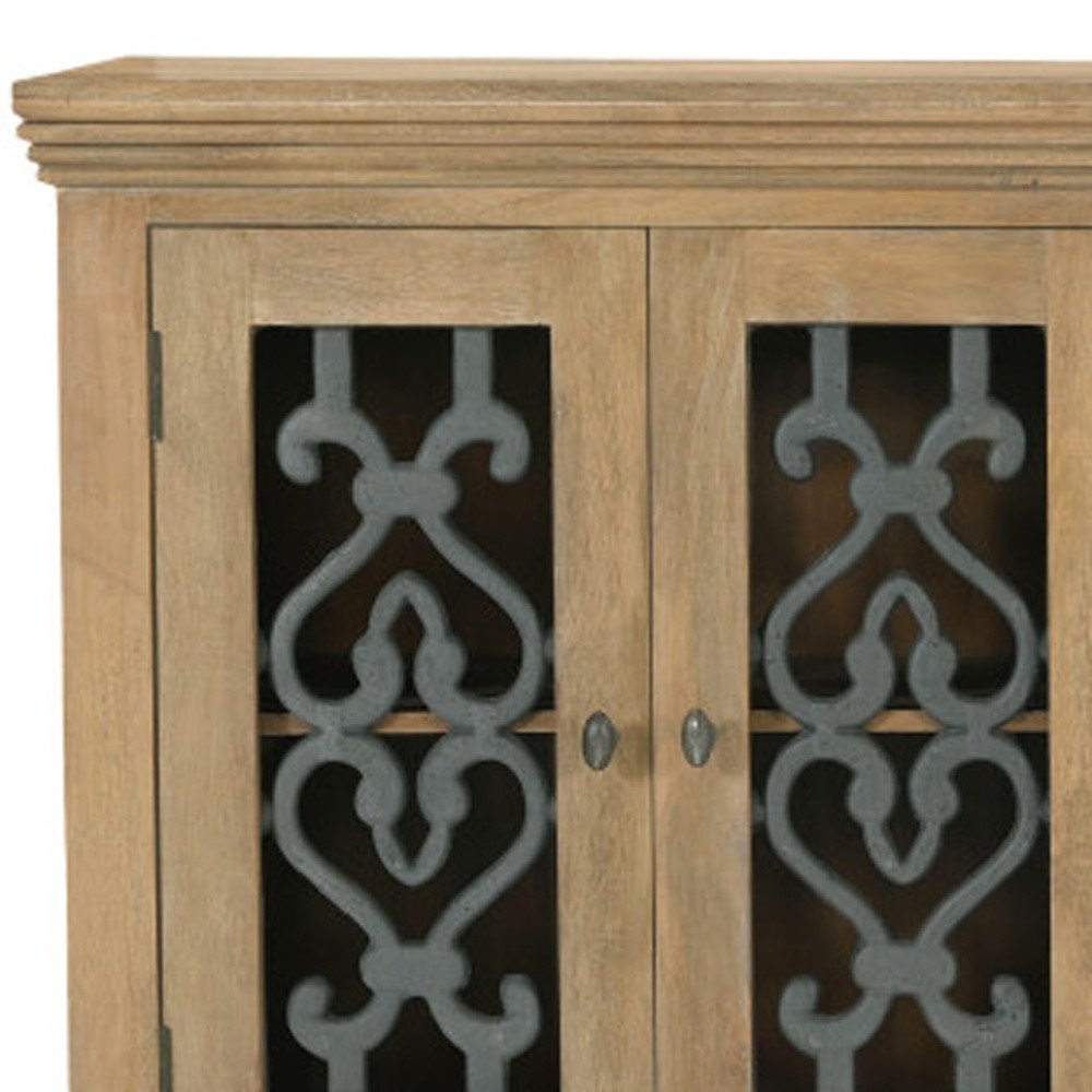84" Natural Distressed Solid Wood Four Drawer Sideboard Soft Close with Four Glass Doors close-up detail