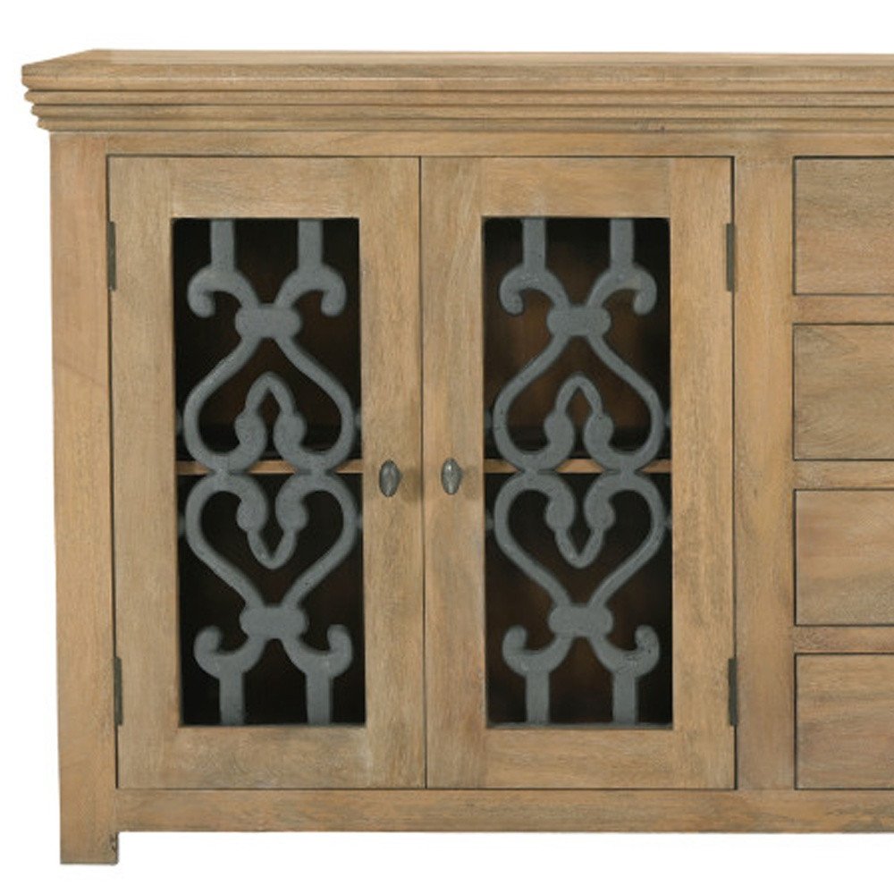 84" Natural Distressed Solid Wood Four Drawer Sideboard Soft Close with Four Glass Doors
