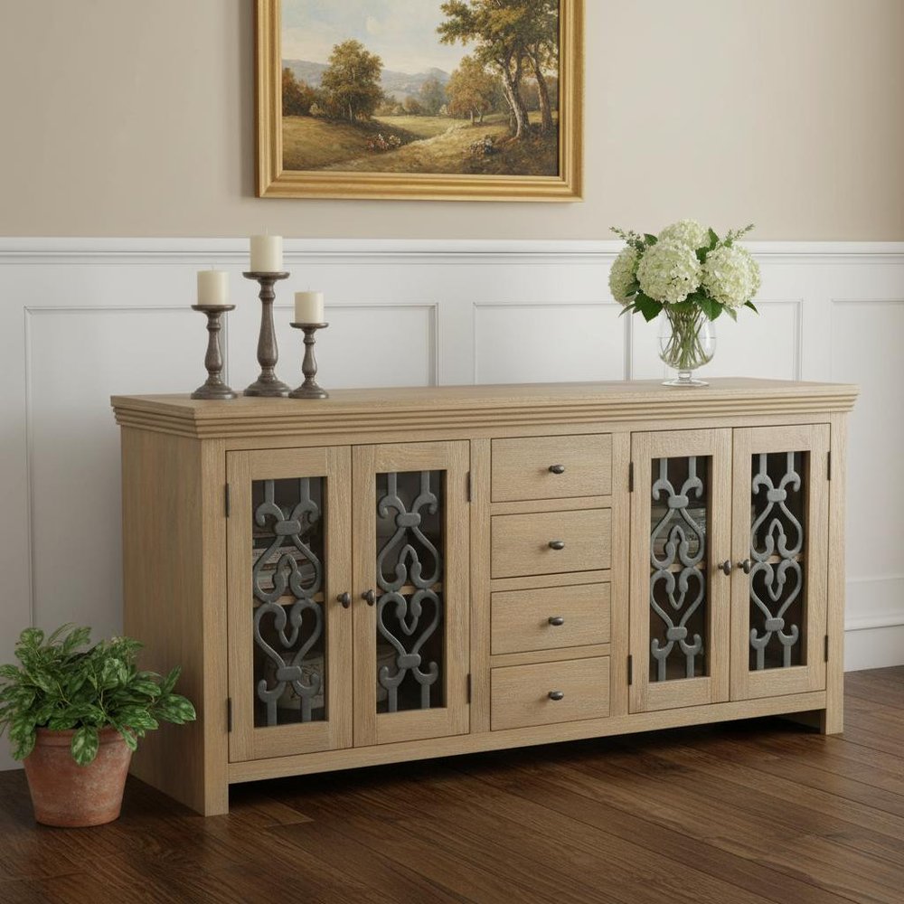 84" Natural Distressed Solid Wood Four Drawer Sideboard Soft Close with Four Glass Doors in a home interior