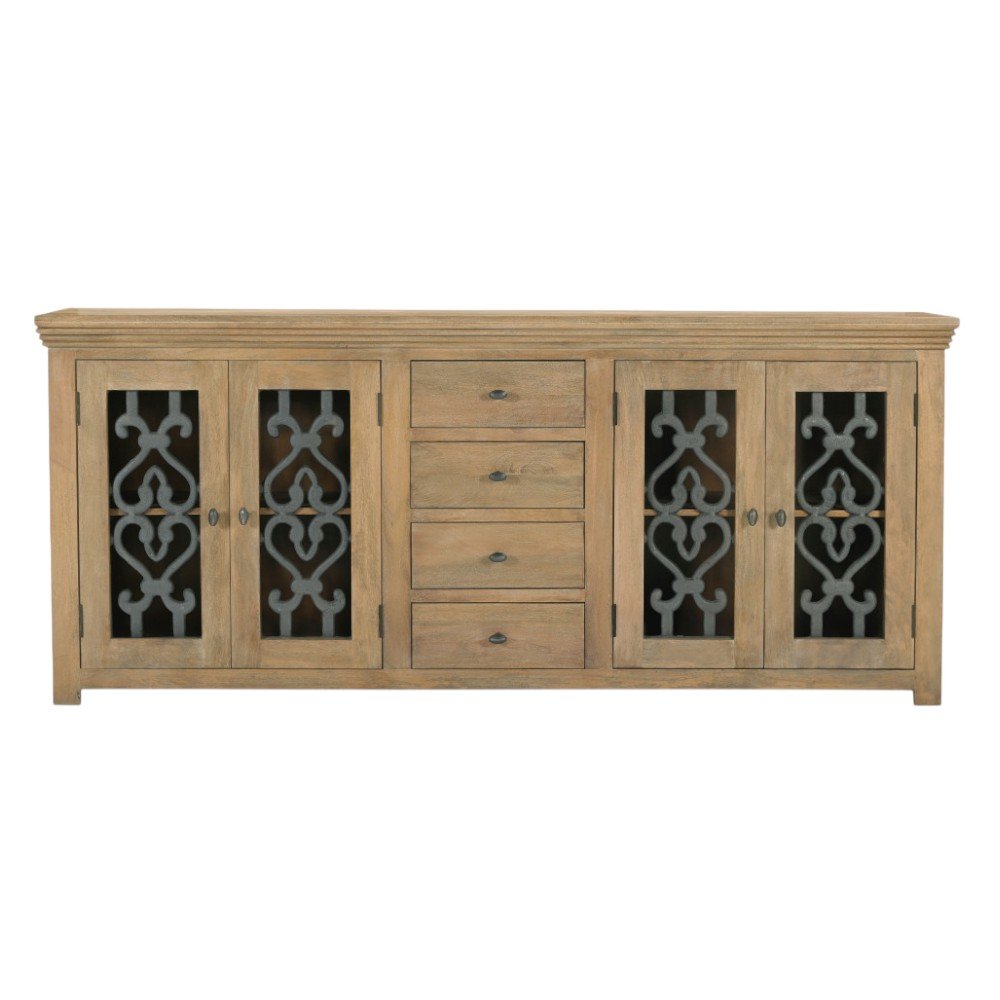 84" Natural Distressed Solid Wood Four Drawer Sideboard Soft Close with Four Glass Doors on a white background