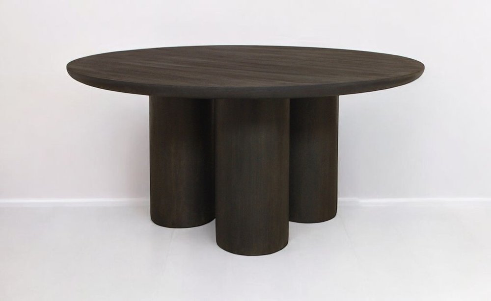 Seven Piece Dark Brown Round Solid Wood Dining Set with Six Chairs on a white background