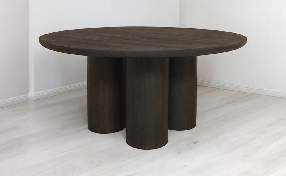 Seven Piece Dark Brown Round Solid Wood Dining Set with Six Chairs on a white background