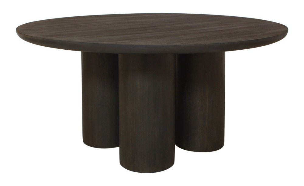 Seven Piece Dark Brown Round Solid Wood Dining Set with Six Chairs on a white background