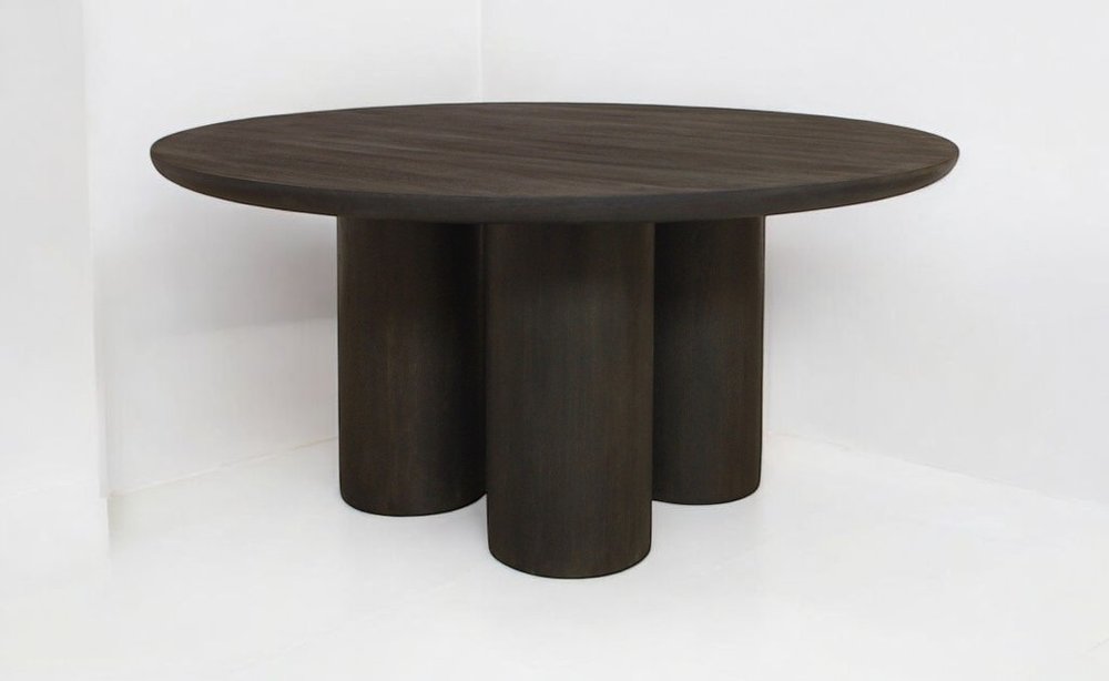 Seven Piece Dark Brown Round Solid Wood Dining Set with Six Chairs on a white background