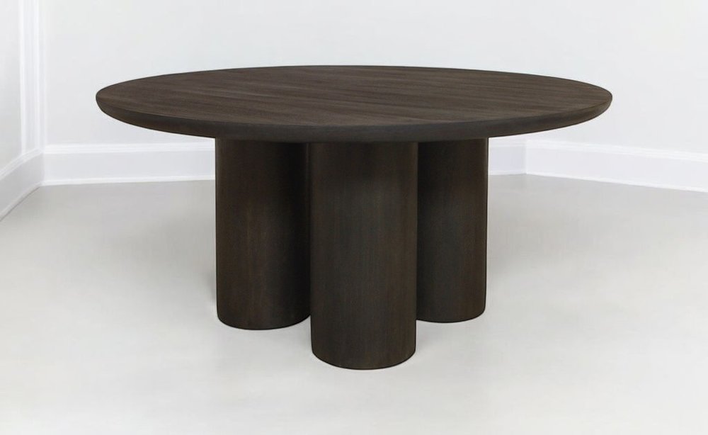 Seven Piece Dark Brown Round Solid Wood Dining Set with Six Chairs on a white background