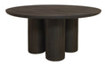 Seven Piece Dark Brown Round Solid Wood Dining Set with Six Chairs on a white background