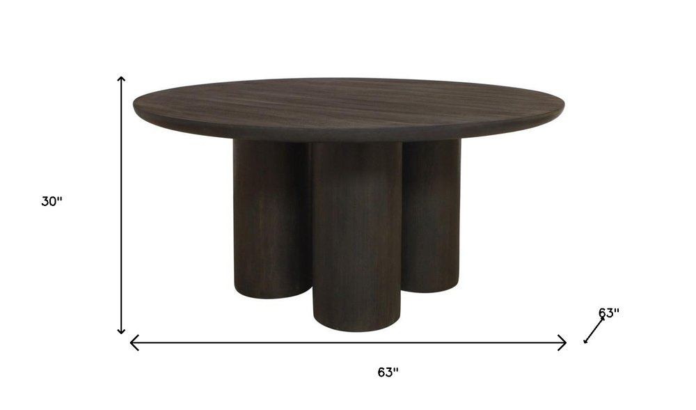Seven Piece Dark Brown Round Solid Wood Dining Set with Six Chairs