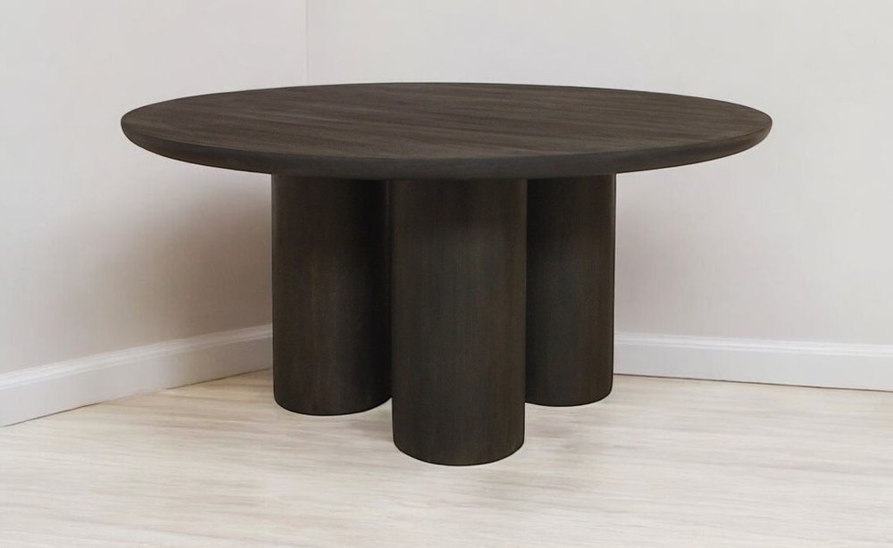 Seven Piece Dark Brown Round Solid Wood Dining Set with Six Chairs on a white background