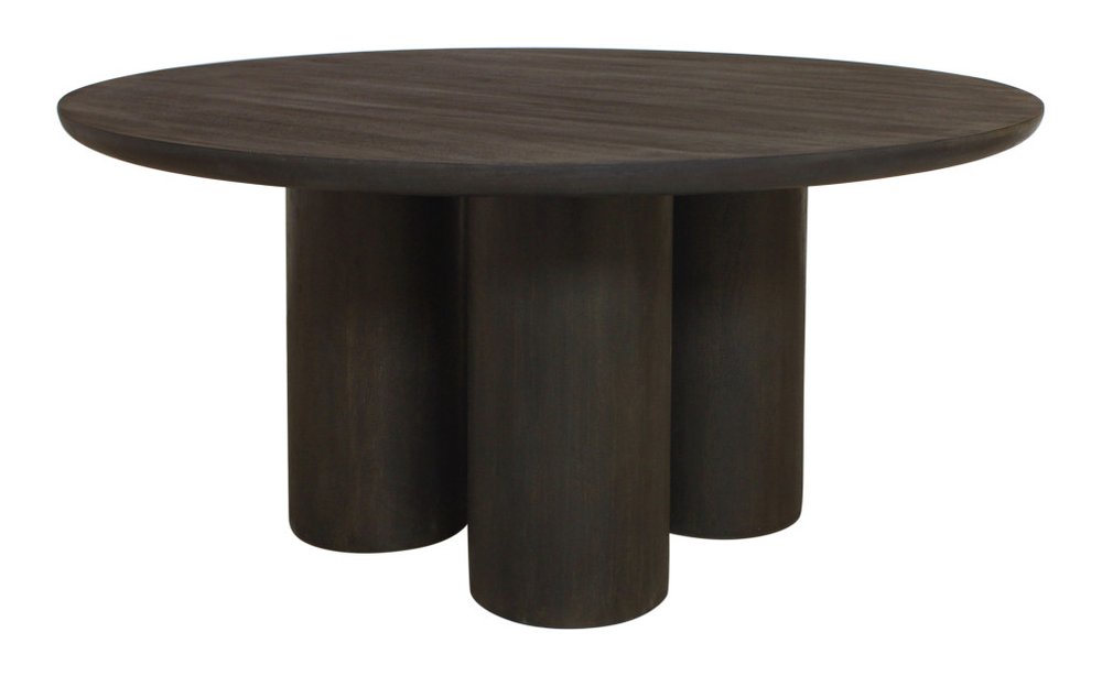 Seven Piece Dark Brown Round Solid Wood Dining Set with Six Chairs on a white background