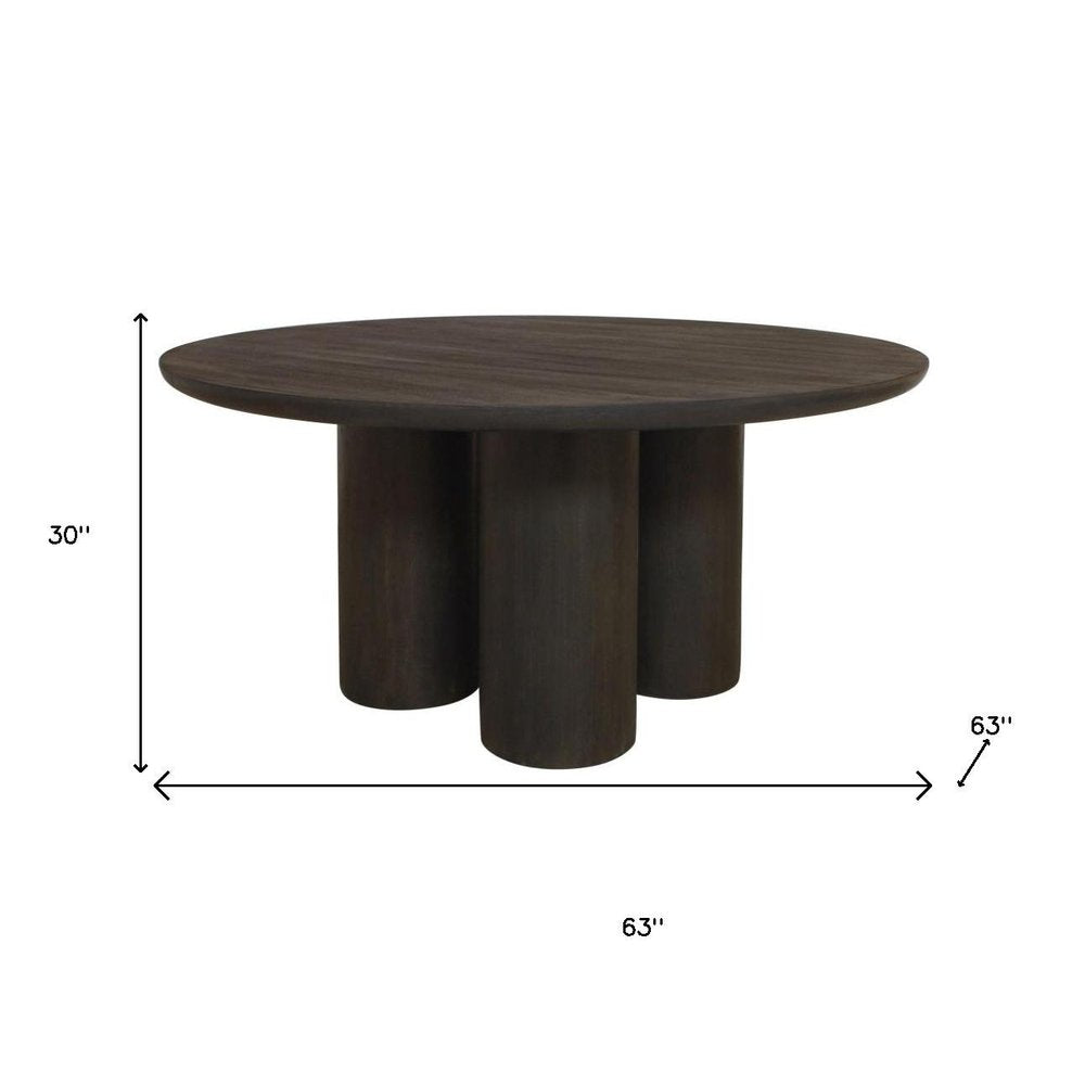 Seven Piece Dark Brown Round Solid Wood Dining Set with Six Chairs on a white background