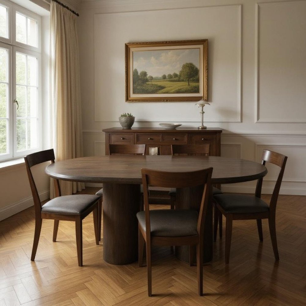 Seven Piece Dark Brown Round Solid Wood Dining Set with Six Chairs in a home interior