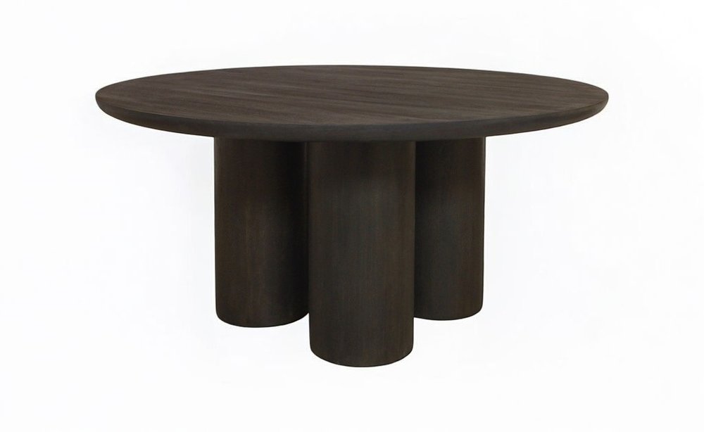 Seven Piece Dark Brown Round Solid Wood Dining Set with Six Chairs on a white background