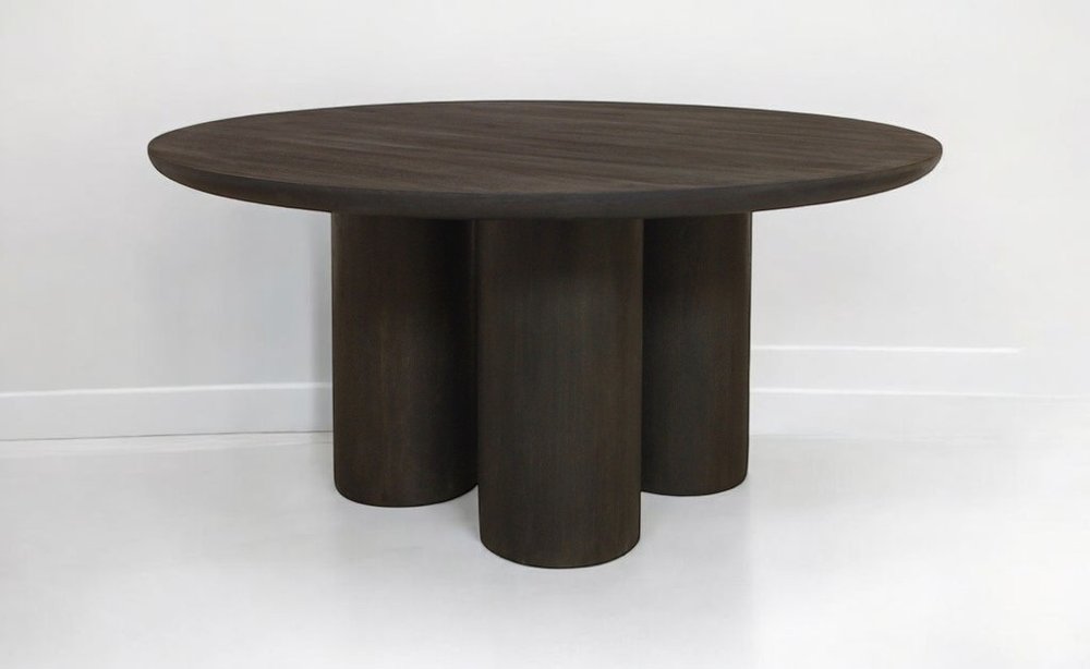 Seven Piece Dark Brown Round Solid Wood Dining Set with Six Chairs on a white background