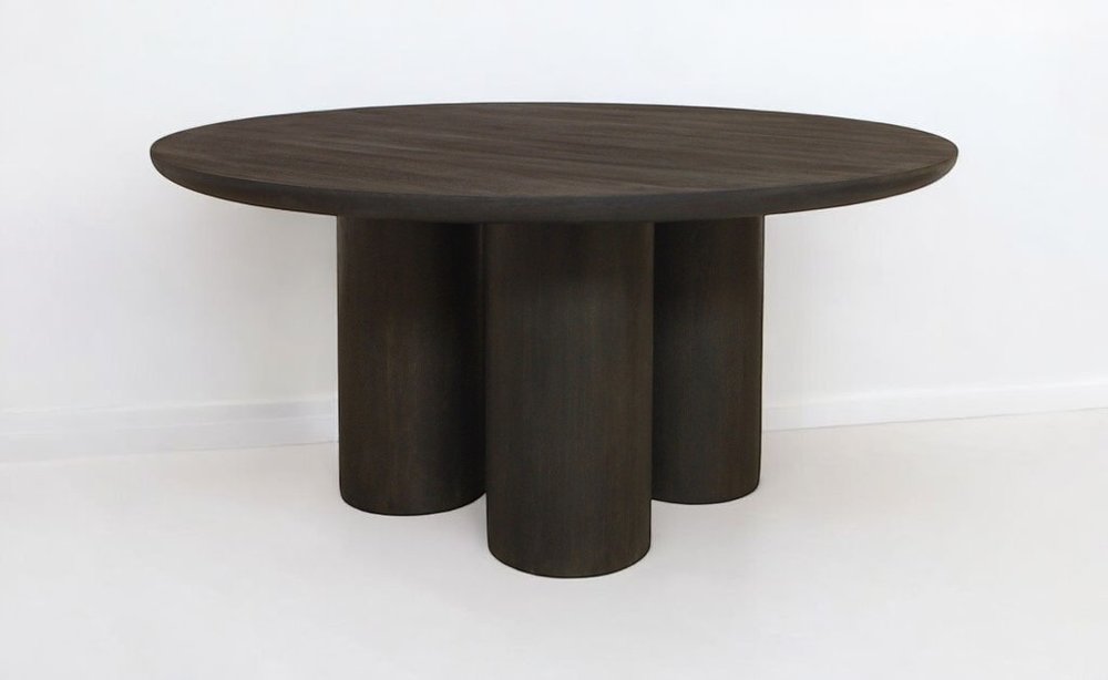 Seven Piece Dark Brown Round Solid Wood Dining Set with Six Chairs on a white background