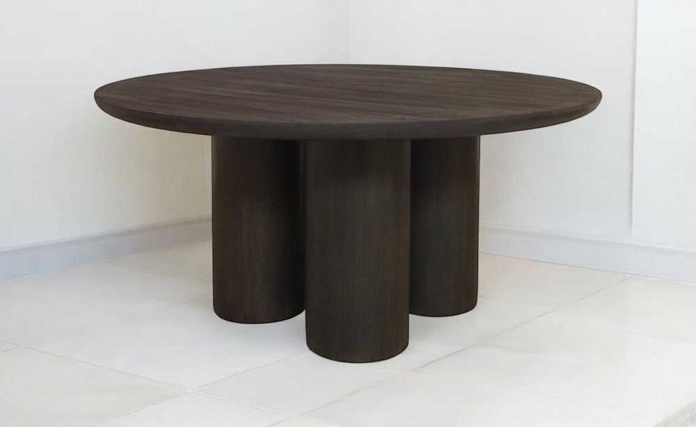 Seven Piece Dark Brown Round Solid Wood Dining Set with Six Chairs close-up detail