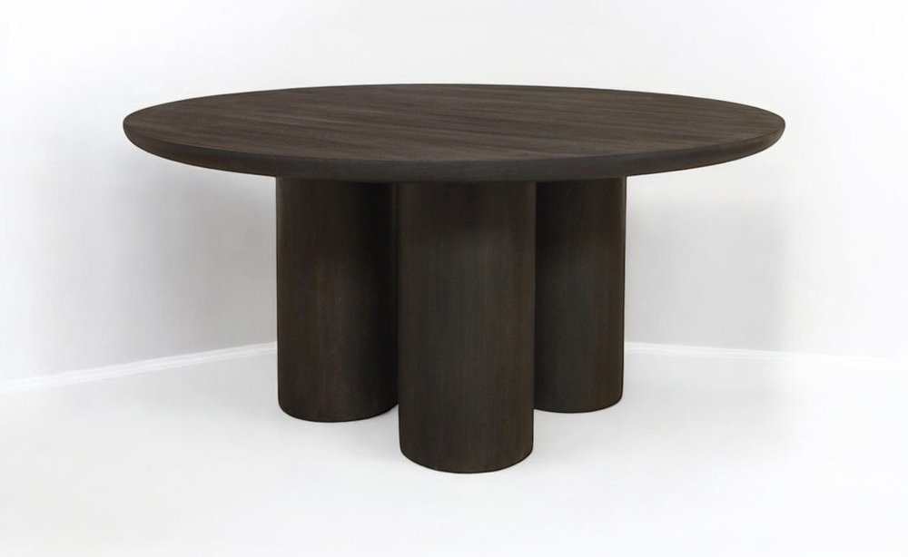 Seven Piece Dark Brown Round Solid Wood Dining Set with Six Chairs on a white background