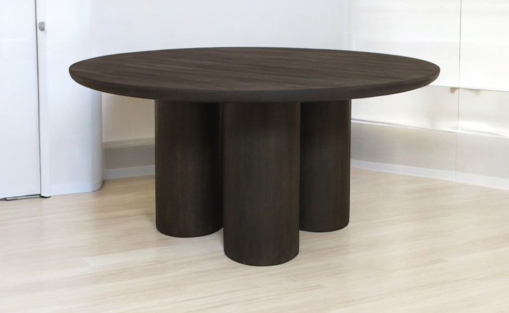 Seven Piece Dark Brown Round Solid Wood Dining Set with Six Chairs close-up detail