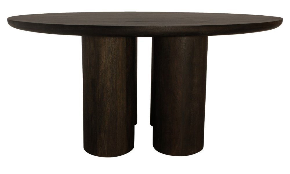 Seven Piece Dark Brown Round Solid Wood Dining Set with Six Chairs on a white background