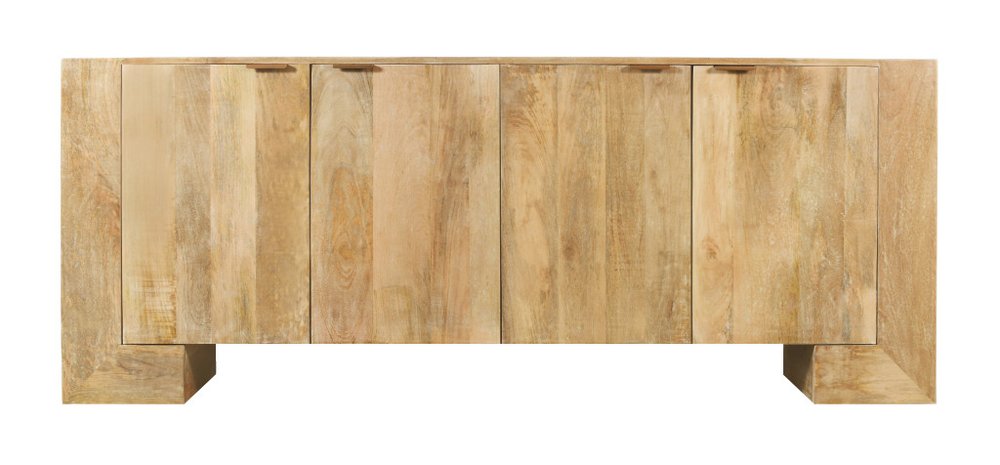 Natural distressed solid wood sideboard with four doors on a white background.