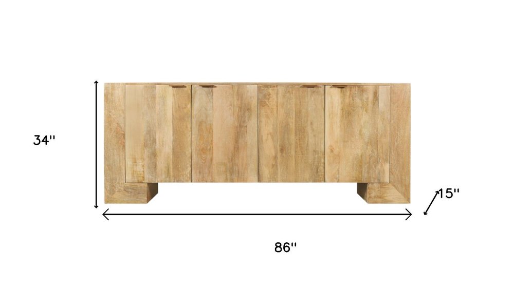 86" Natural Distressed Solid Wood Sideboard with Four Doors on a white background