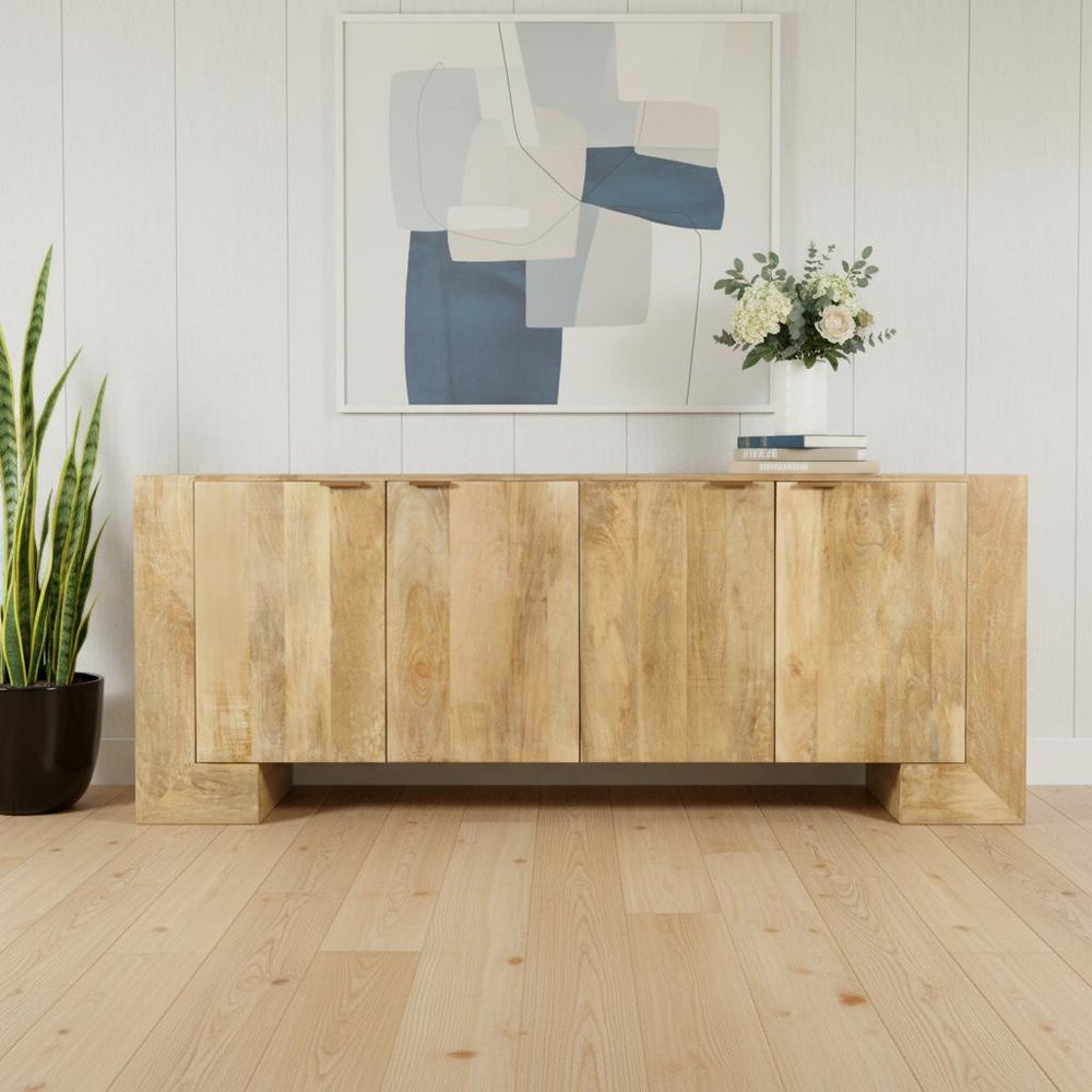 86" Natural Distressed Solid Wood Sideboard with Four Doors on a white background