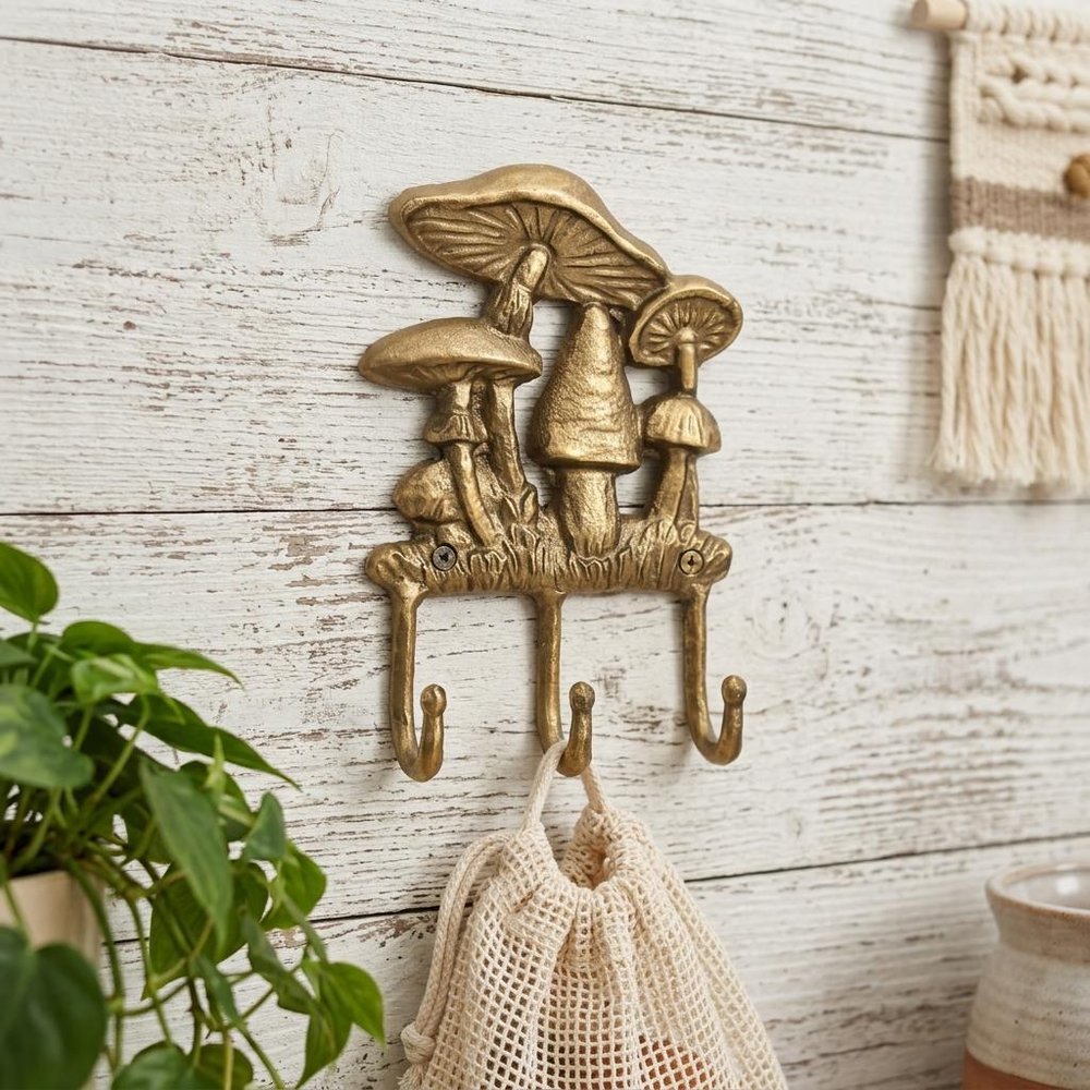 5" Antiqued Gold Cast Iron Mushroom Three Hook Wall Mount Coat Rack styled in a furnished interior with an off-white wall on a wood floor.