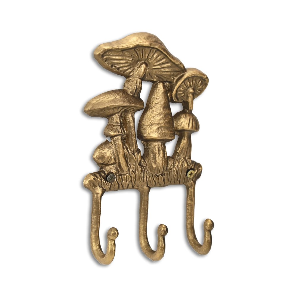 5" Antiqued Gold Cast Iron Mushroom Three Hook Wall Mount Coat Rack. Coat hanger isolated on a plain white background, in a gold metal finish.
