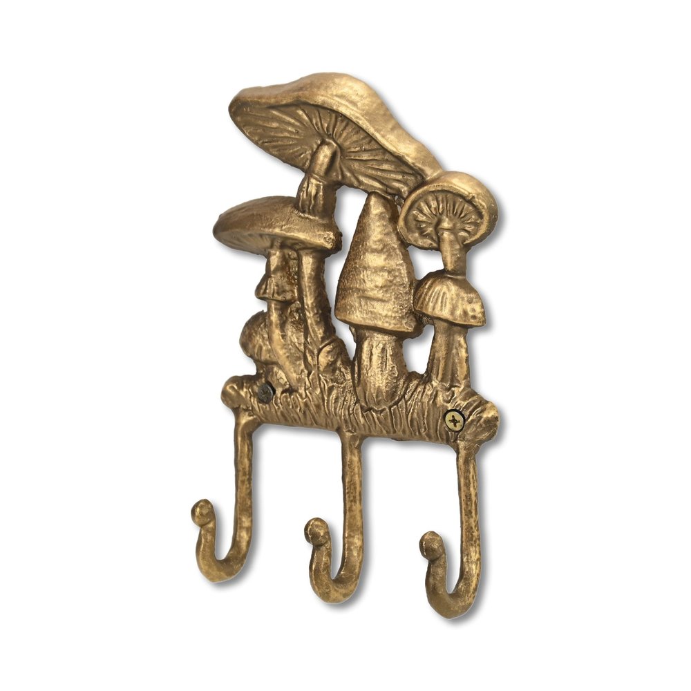 5" Antiqued Gold Cast Iron Mushroom Three Hook Wall Mount Coat Rack. Coat hanger isolated on a plain white background, showing a gold metal surface.