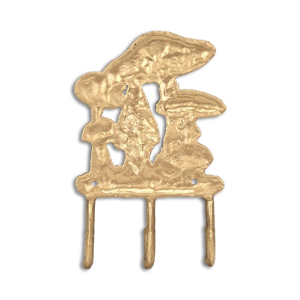 5" Antiqued Gold Cast Iron Mushroom Three Hook Wall Mount Coat Rack. Coat hanger isolated on a plain white background, in a gold metal finish.
