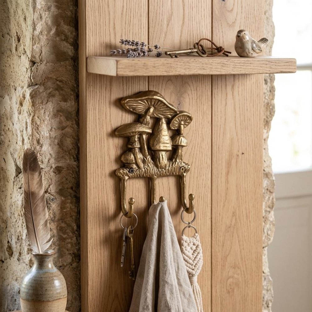 5" Antiqued Gold Cast Iron Mushroom Three Hook Wall Mount Coat Rack. Coat hanger in gold metal.