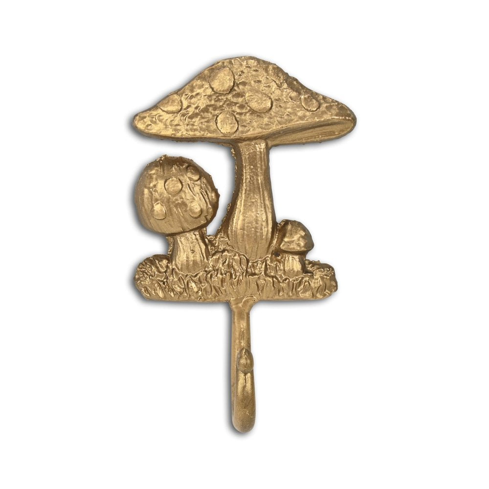 4" Gold Cast Iron Mushroom Wall Hook. Coat hanger isolated on a plain white background, showing a gold metal surface.