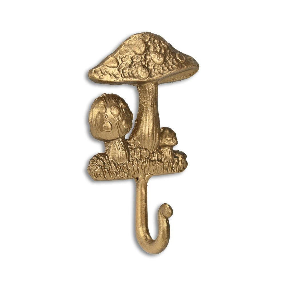 4" Gold Cast Iron Mushroom Wall Hook. Coat hanger isolated on a plain white background, in a gold metal finish.