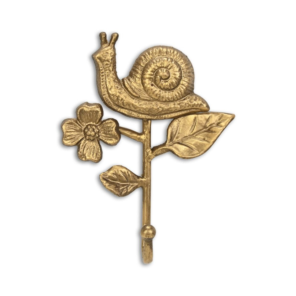 5" Gold Cast Iron Snail Wall Hook. Coat hanger isolated on a plain white background, showing a gold metal surface.