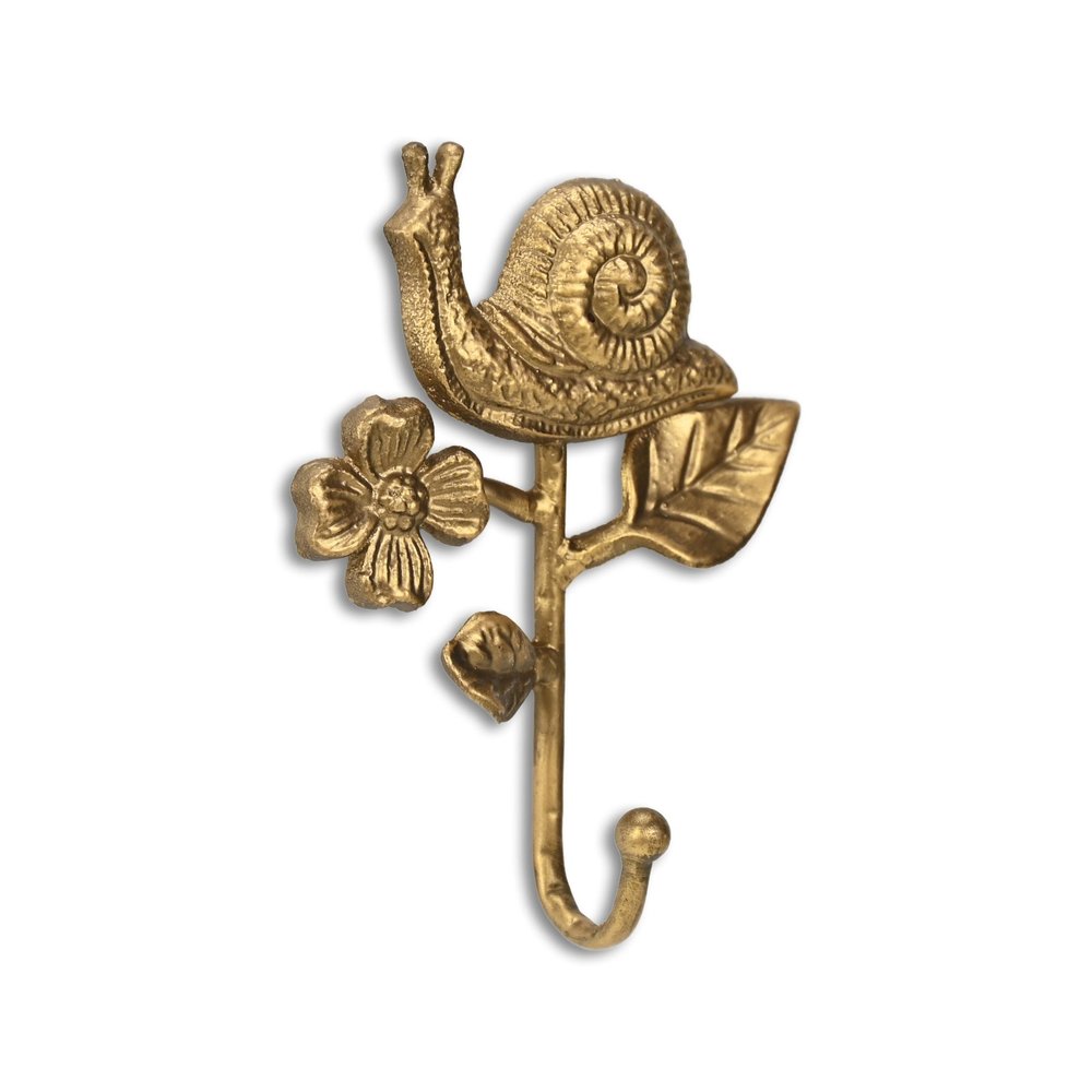 5" Gold Cast Iron Snail Wall Hook. Coat hanger isolated on a plain white background, in a gold metal finish.