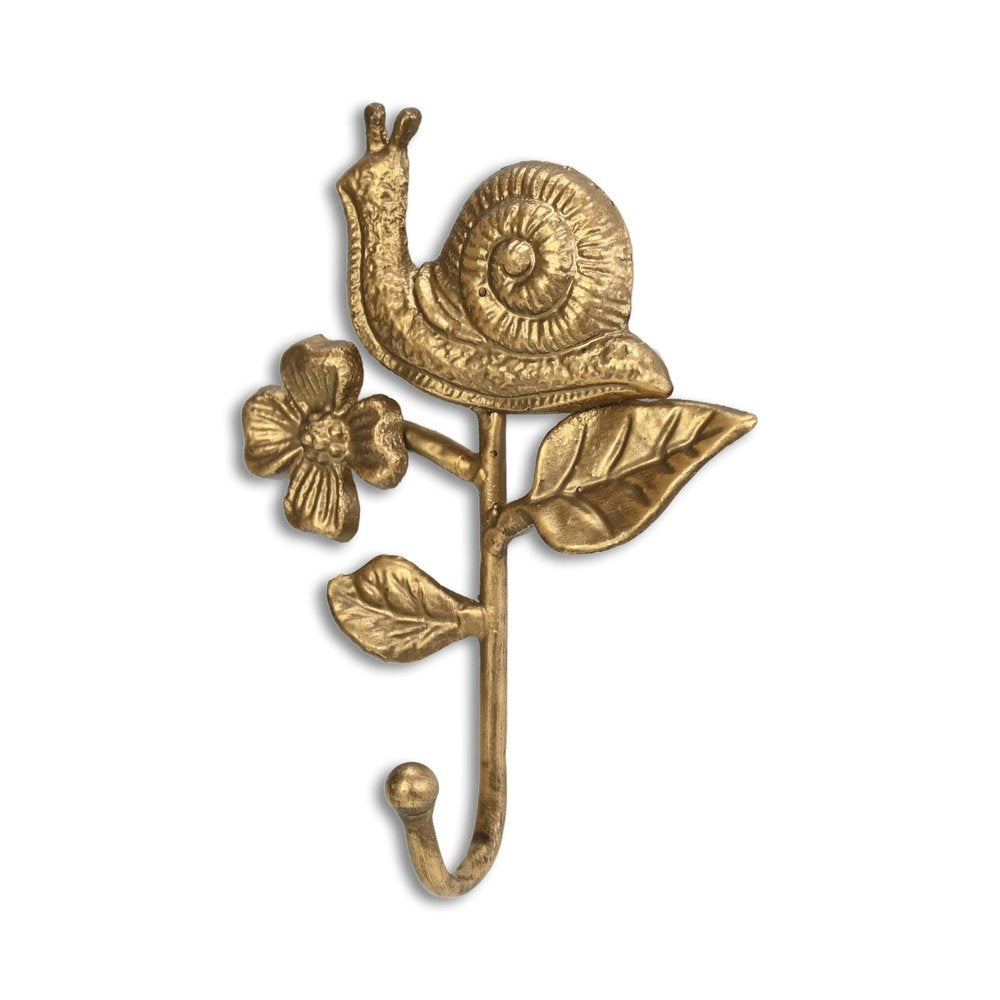 5" Gold Cast Iron Snail Wall Hook. Coat hanger isolated on a plain white background, finished in gold metal.