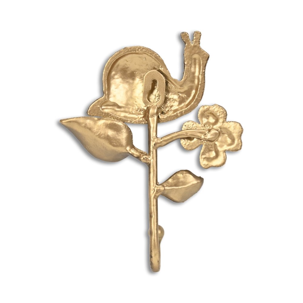 5" Gold Cast Iron Snail Wall Hook. Coat hanger isolated on a plain white background, in a gold metal finish.