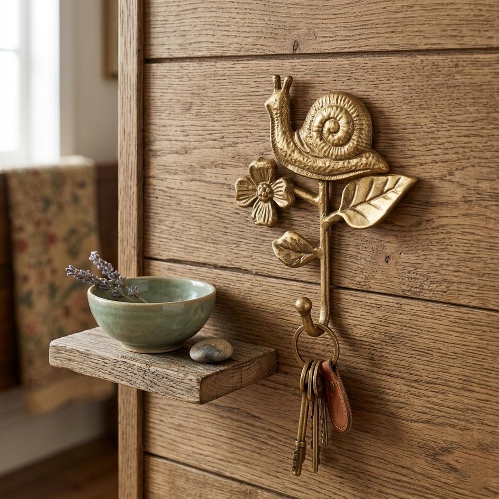 5" Gold Cast Iron Snail Wall Hook styled in a furnished interior with a tan wall on a dark wood floor.
