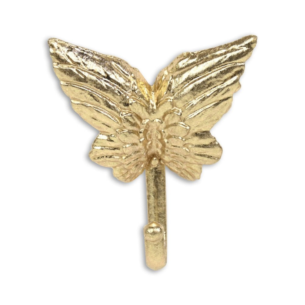 5" Gold Cast Iron Butterfly Wall Hook. Coat hanger isolated on a plain white background, showing a gold metal surface.