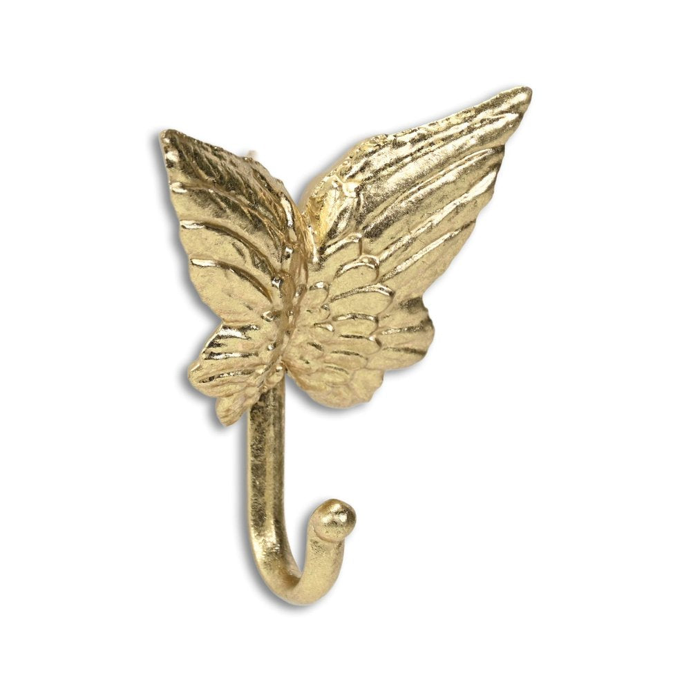 5" Gold Cast Iron Butterfly Wall Hook. Coat hanger isolated on a plain white background, in a gold metal finish.