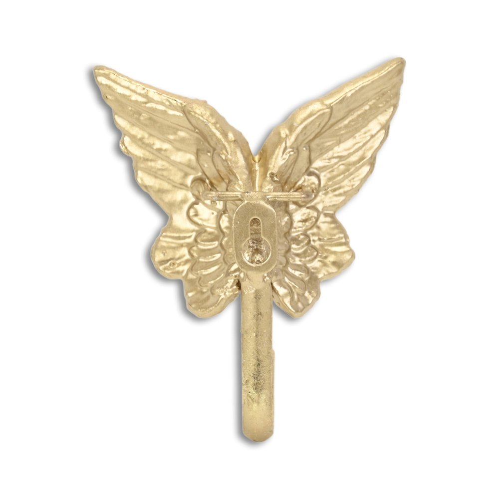 5" Gold Cast Iron Butterfly Wall Hook. Coat hanger isolated on a plain white background, showing a gold metal surface.