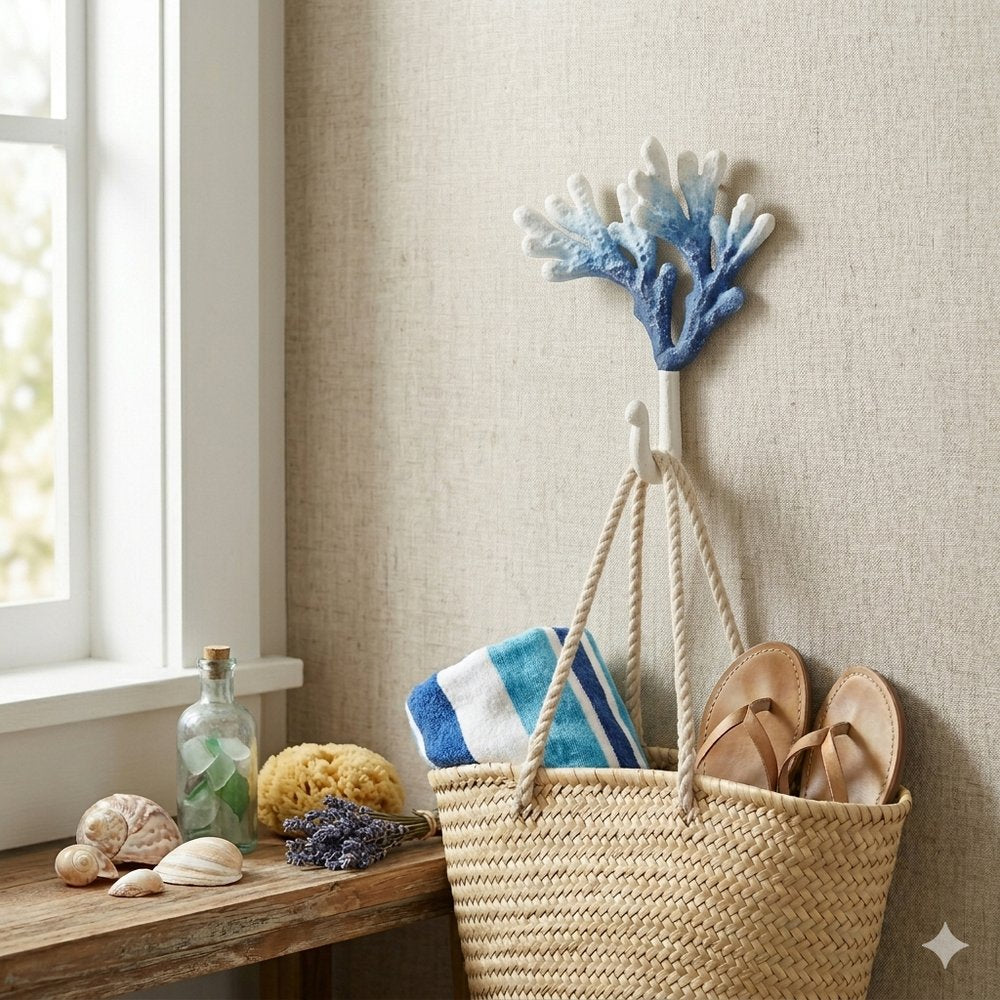 5" Blue And White Cast Iron Coral Wall Hook. Coat hanger in white metal.