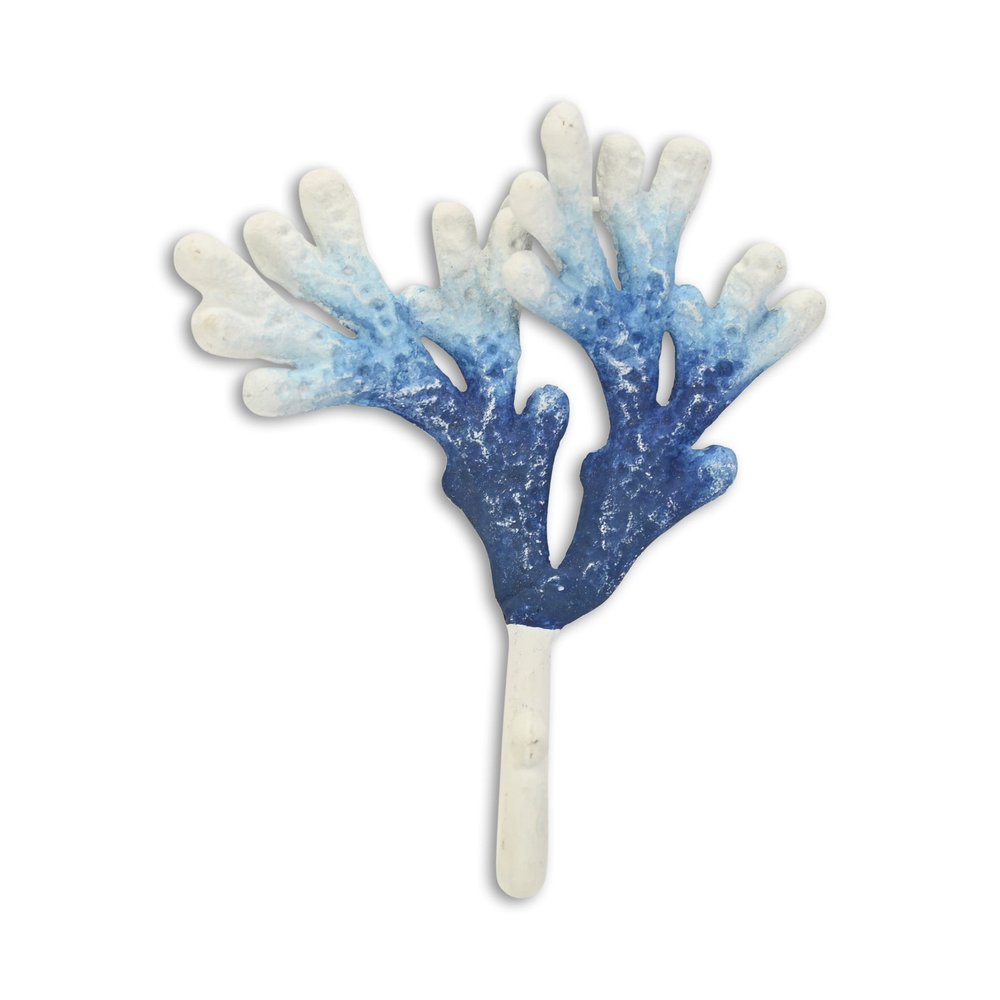 5" Blue And White Cast Iron Coral Wall Hook. Coat hanger isolated on a plain white background, finished in white metal.
