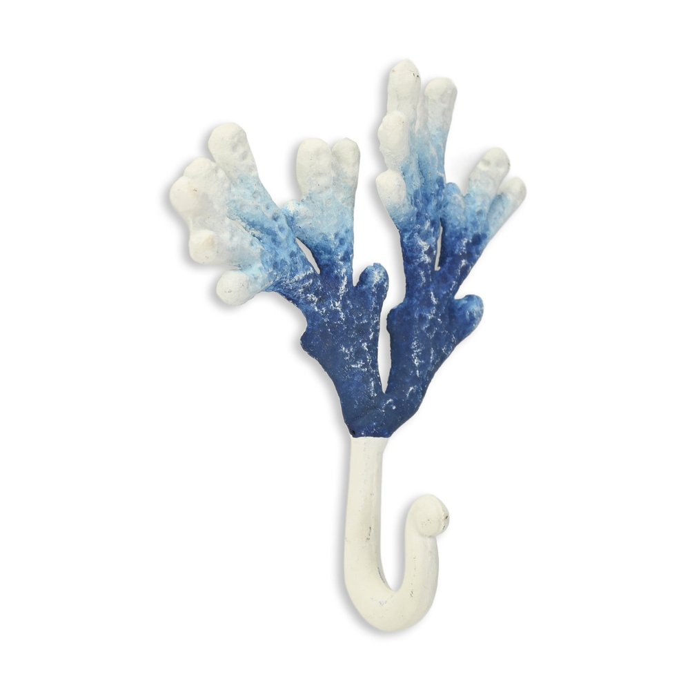5" Blue And White Cast Iron Coral Wall Hook. Coat hanger isolated on a plain white background, showing a white metal surface.