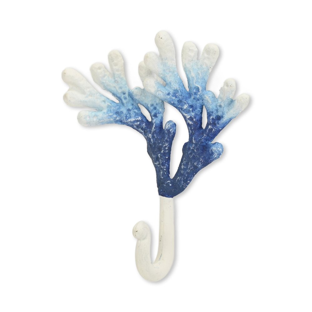 5" Blue And White Cast Iron Coral Wall Hook. Coat hanger isolated on a plain white background, finished in white metal.