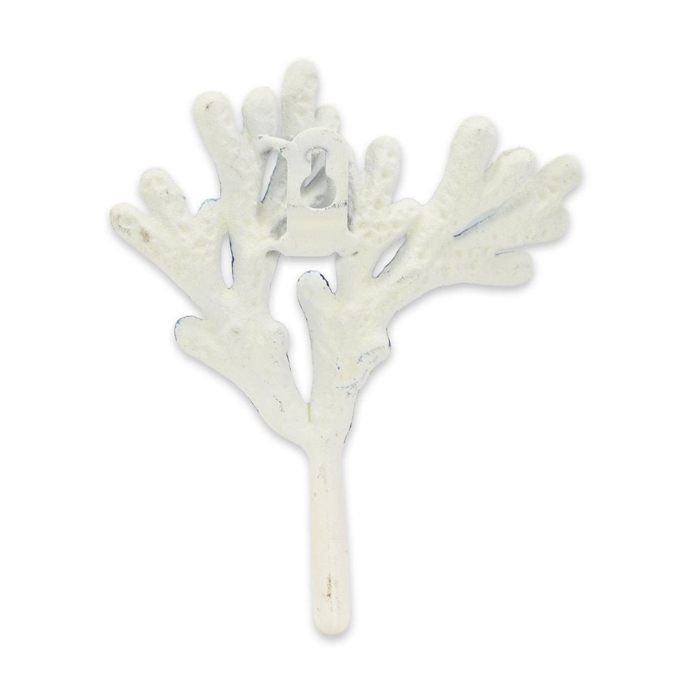 5" Blue And White Cast Iron Coral Wall Hook. Coat hanger isolated on a plain white background, showing a white metal surface.