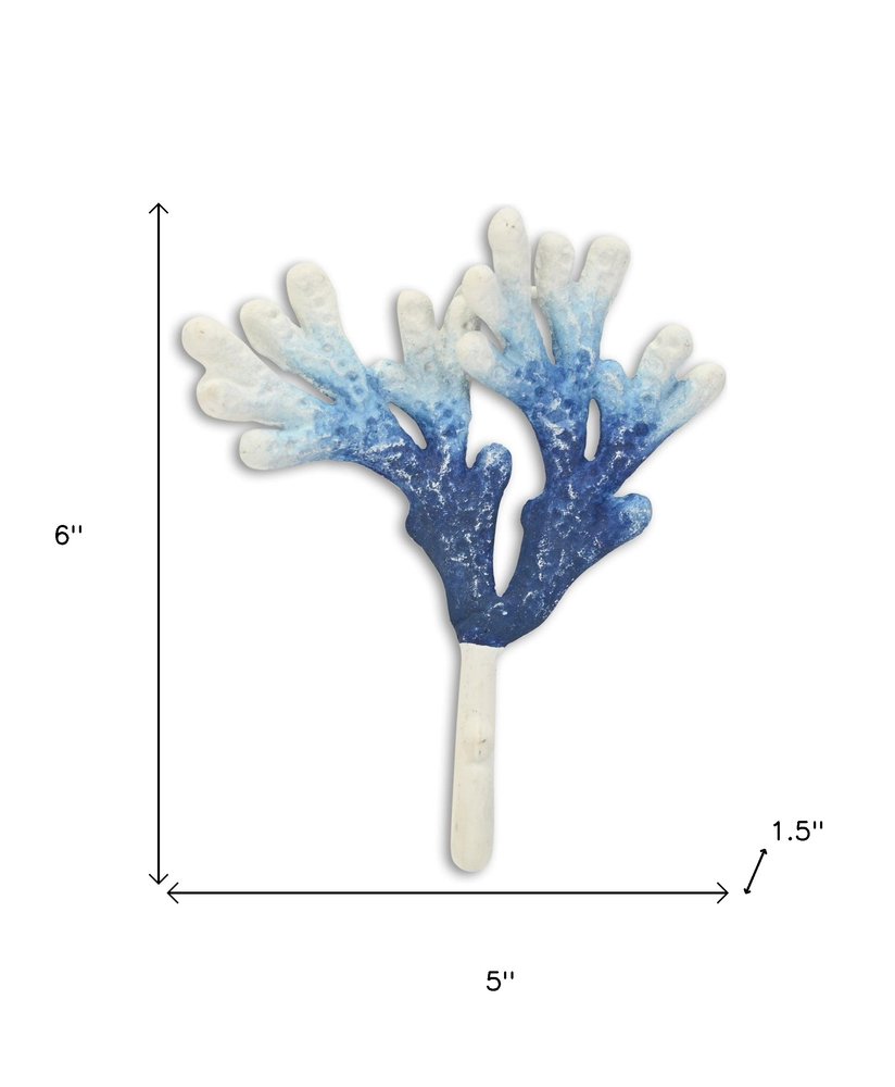 5" Blue And White Cast Iron Coral Wall Hook. Coat hanger isolated on a plain white background, in a white metal finish.