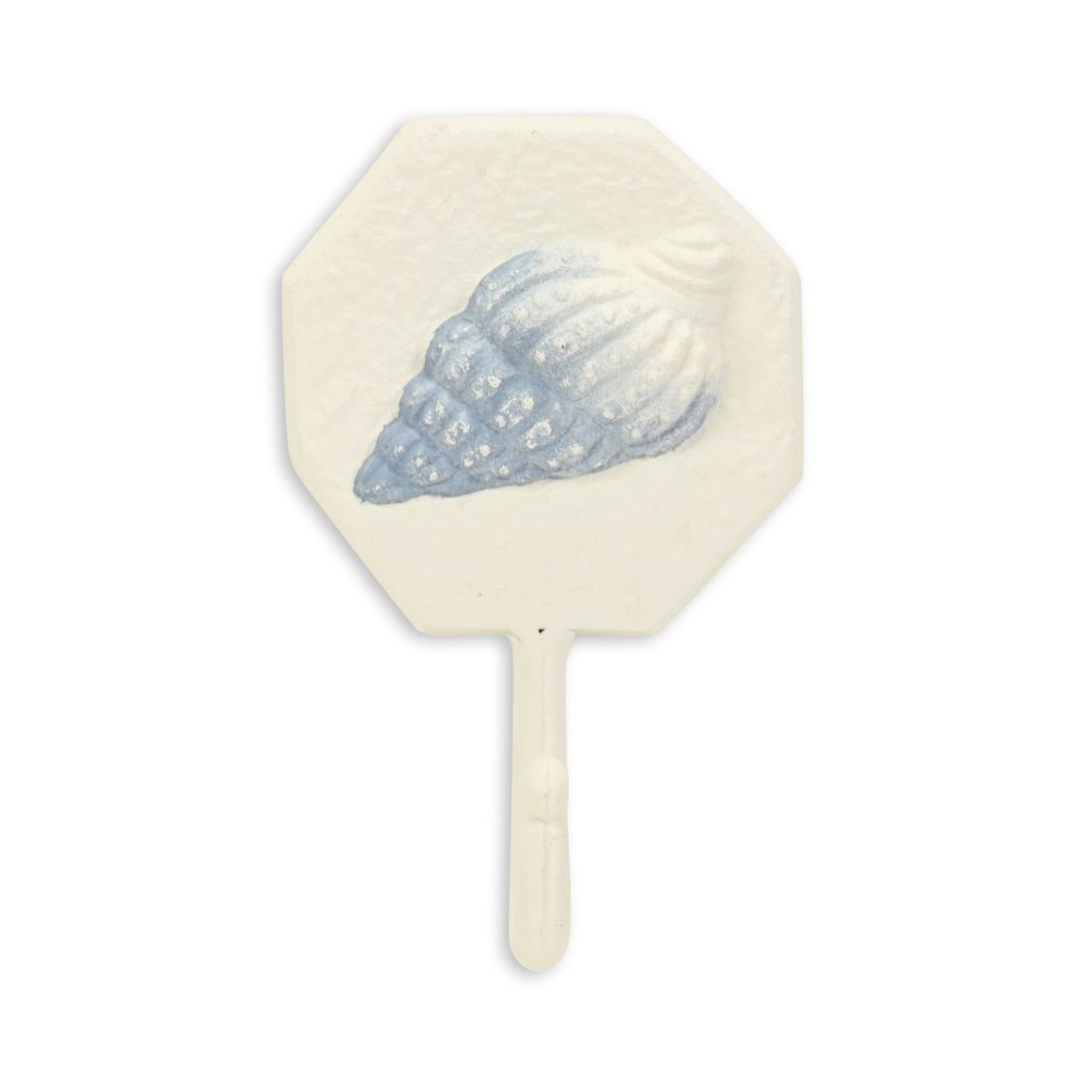 4" Blue And Cream Cast Iron Conch Shell Wall Hook. Coat hanger isolated on a plain white background, showing a cream metal surface.