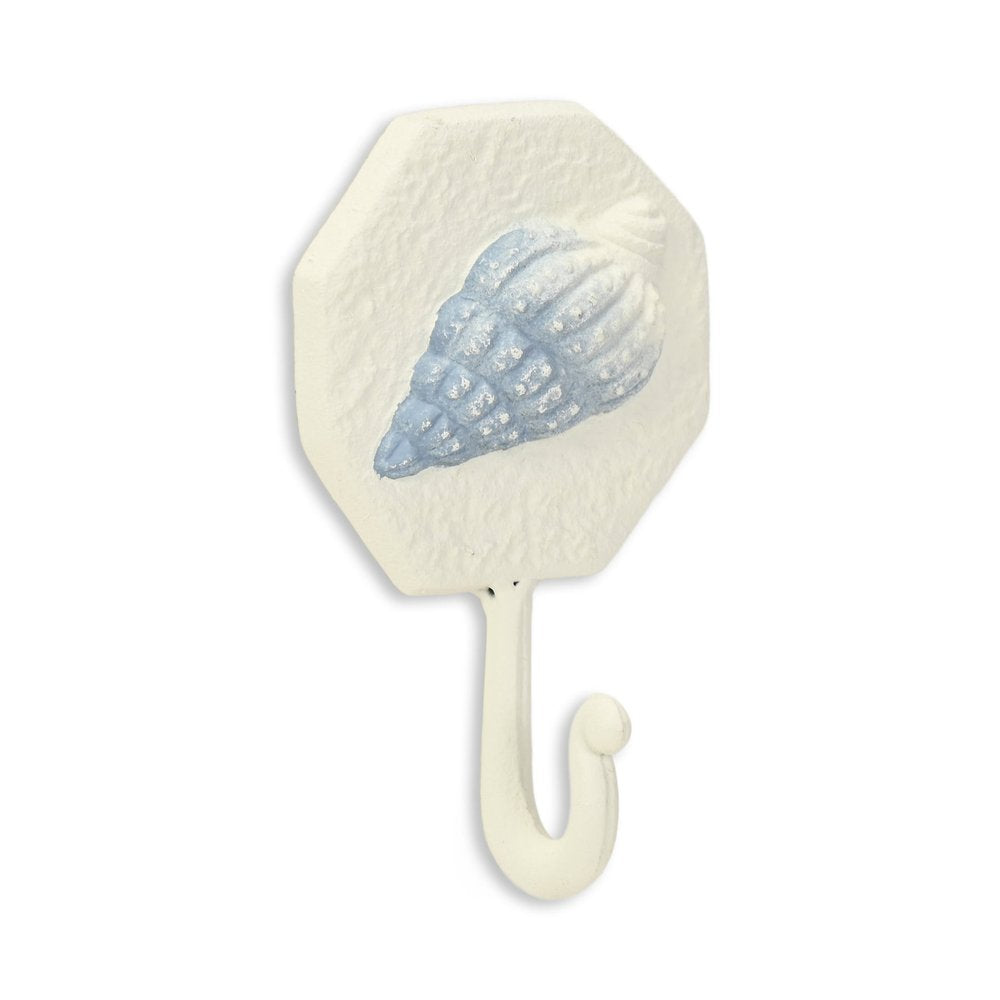 4" Blue And Cream Cast Iron Conch Shell Wall Hook. Coat hanger isolated on a plain white background, in a cream metal finish.