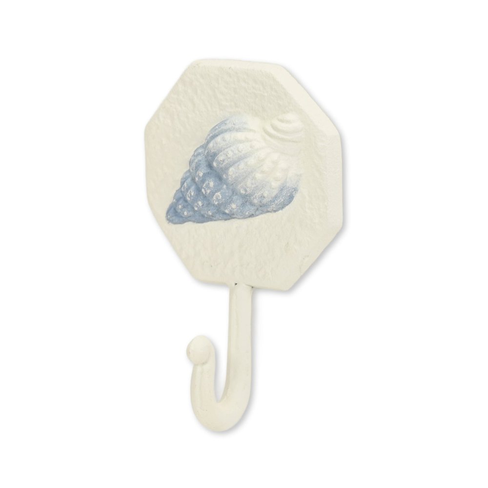 4" Blue And Cream Cast Iron Conch Shell Wall Hook. Coat hanger isolated on a plain white background, finished in cream metal.